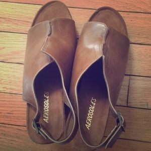 Aerosloes brown leather slide or platform wedges